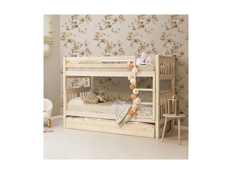 Etagenbett + Ausziehbett mit Beine Holz weiß gewaschen 90x190cm