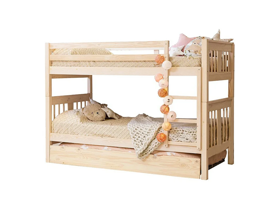 Etagenbett + Ausziehbett mit Beine Holz weiß gewaschen 90x190cm