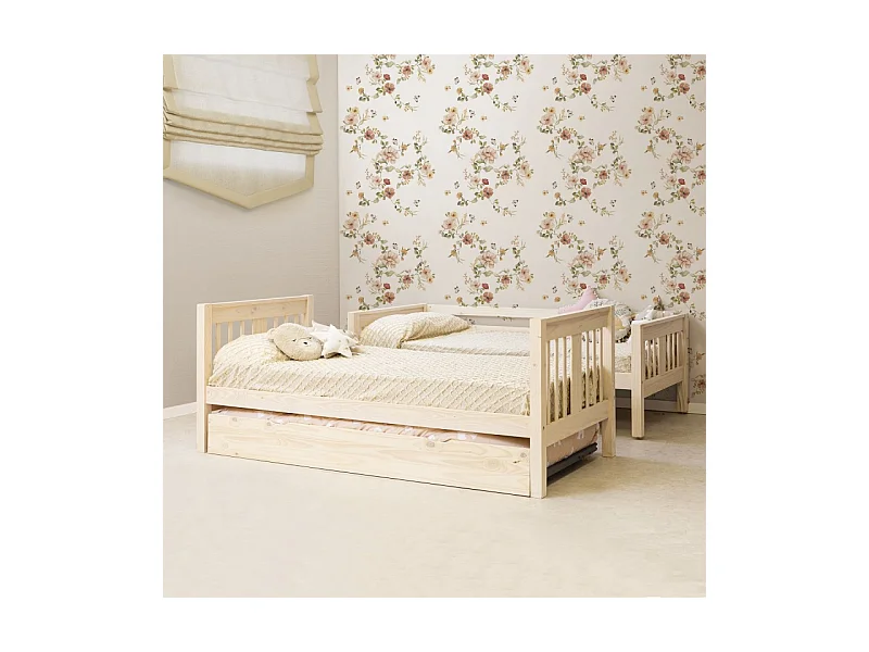 Etagenbett + Ausziehbett mit Beine Holz weiß gewaschen 90x190cm