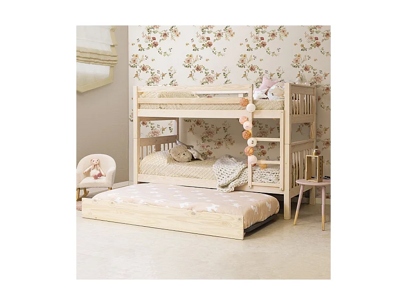 Etagenbett + Ausziehbett mit Beine Holz weiß gewaschen 90x190cm