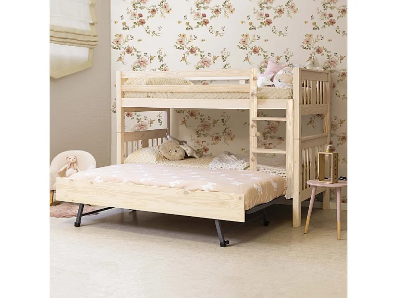 Stapelbed + hefbaar onderschuifbed hout witgewassen 90x190cm