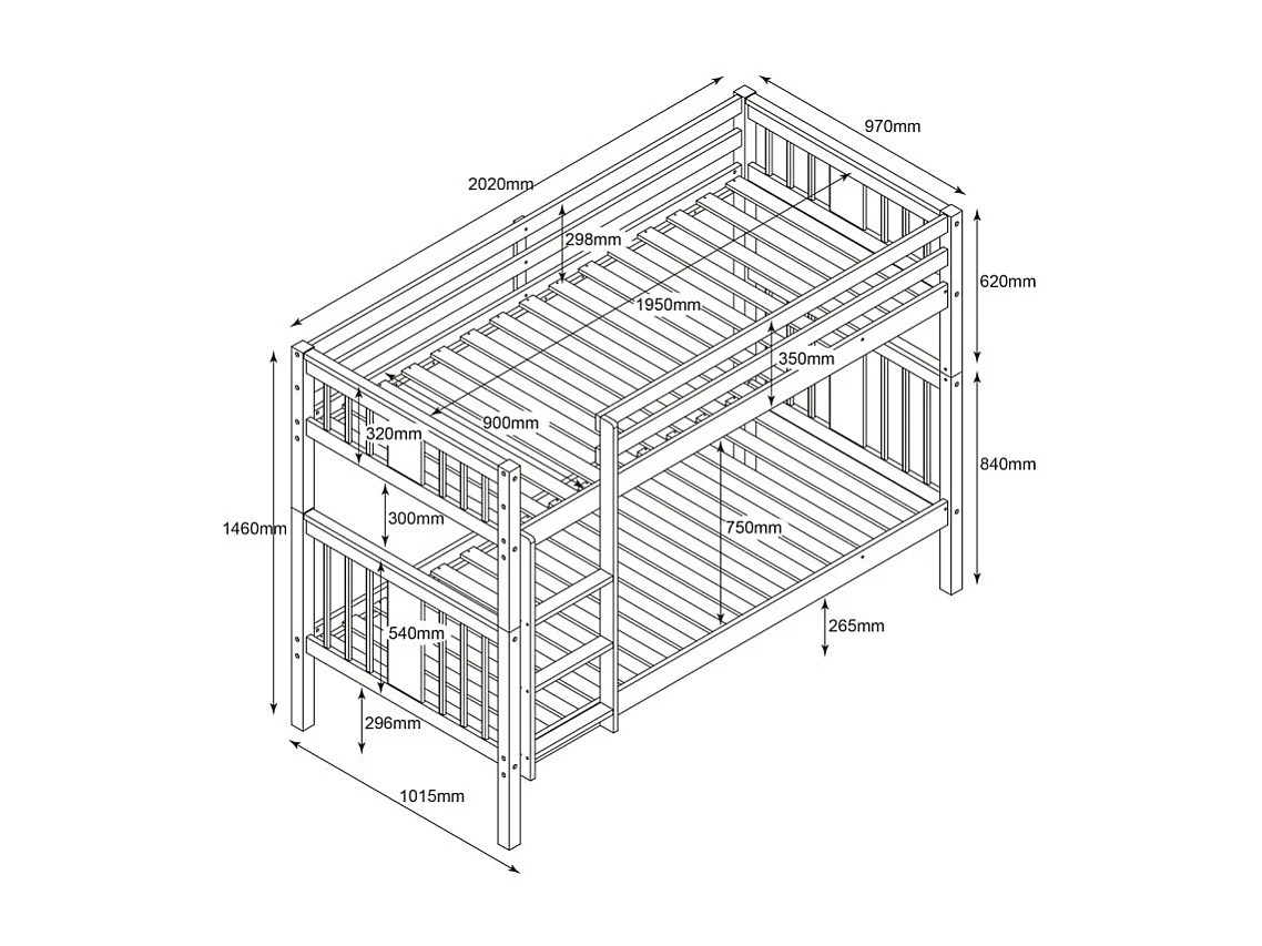 Stapelbed + hefbaar onderschuifbed hout witgewassen 90x190cm