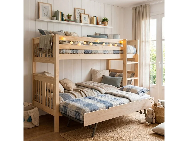 Stapelbed + hefbaar onderschuifbed hout witgewassen 90x190cm