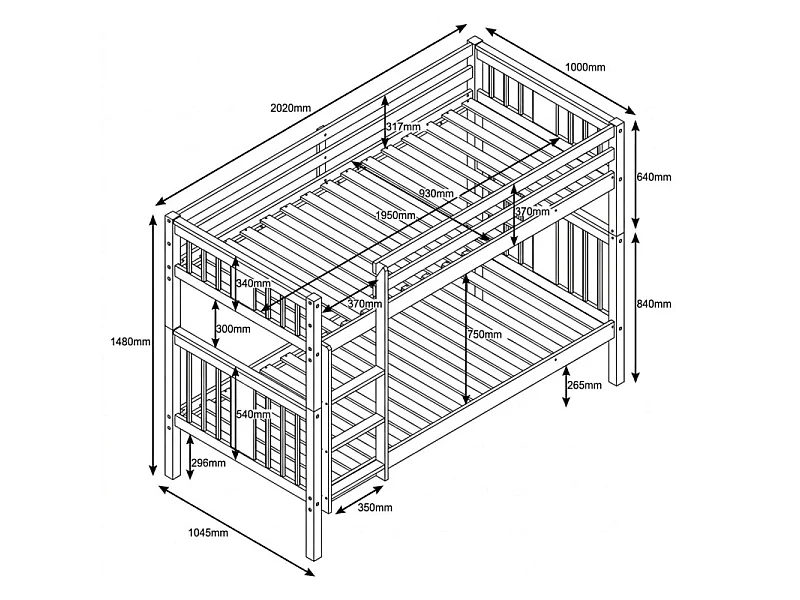 Stapelbed + hefbaar onderschuifbed hout witgewassen 90x190cm