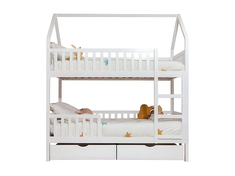Litera casita + 2 cajones madera blanco 90x190/90x190cm