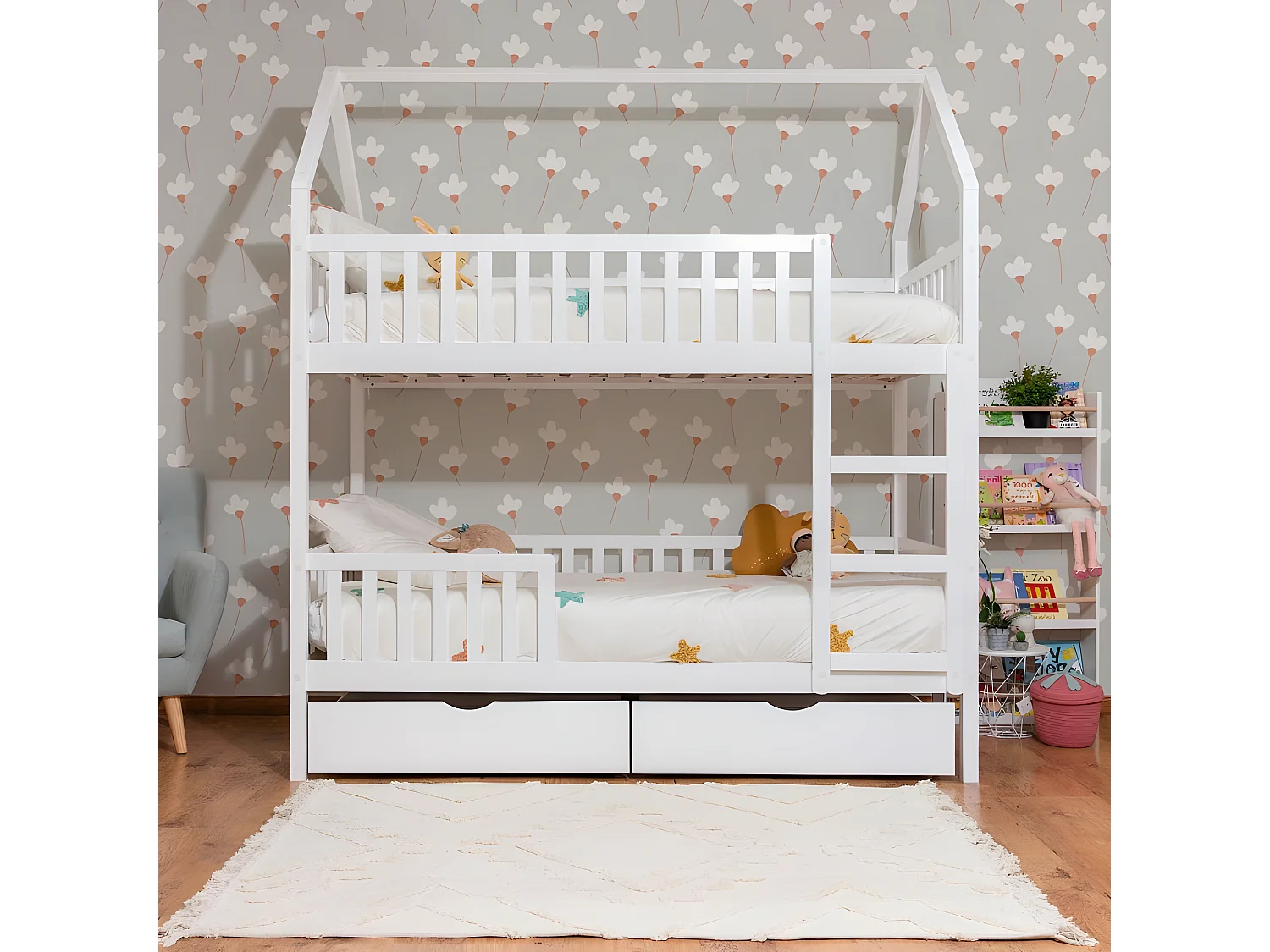 Litera casita + 2 cajones madera blanco 90x190/90x190cm