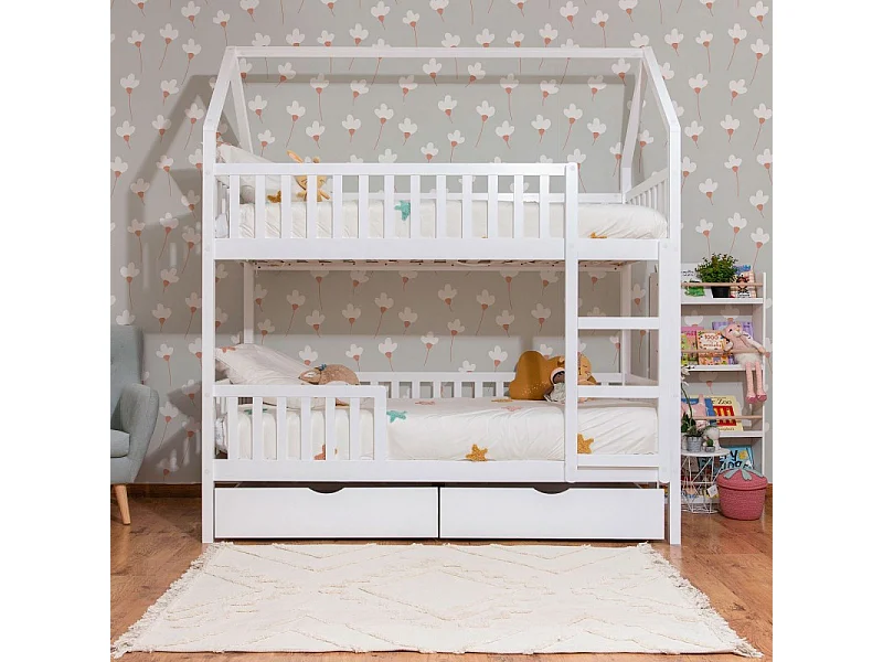 Etagenbett Häuschen + 2 Schubladen Holz weiß 90x190/90x190cm