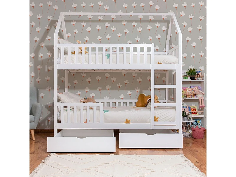 Etagenbett Häuschen + 2 Schubladen Holz weiß 90x190/90x190cm