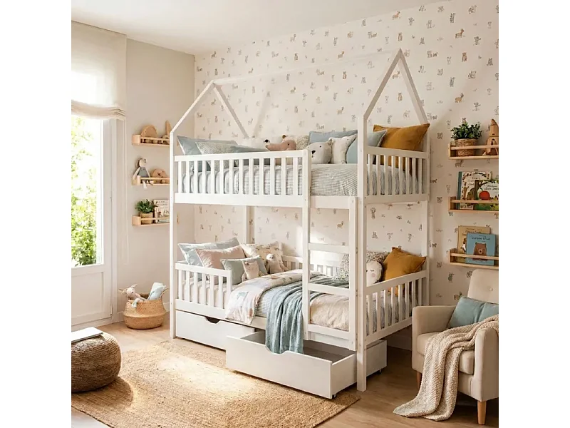 Letto a castello + 2 cassetti legno bianco 90x190/90x190cm