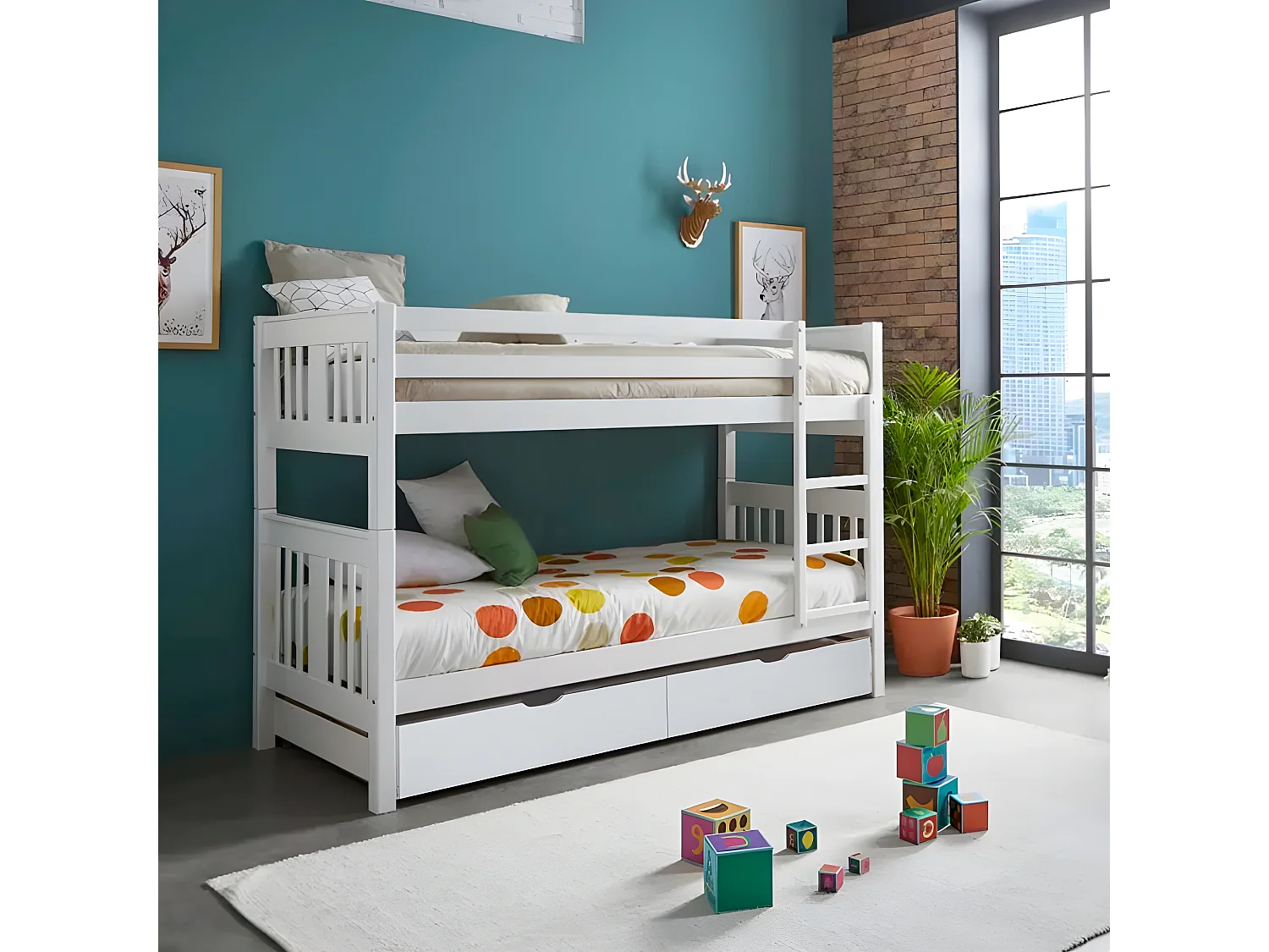 Litera + 2 cajones madera blanca 90x190cm