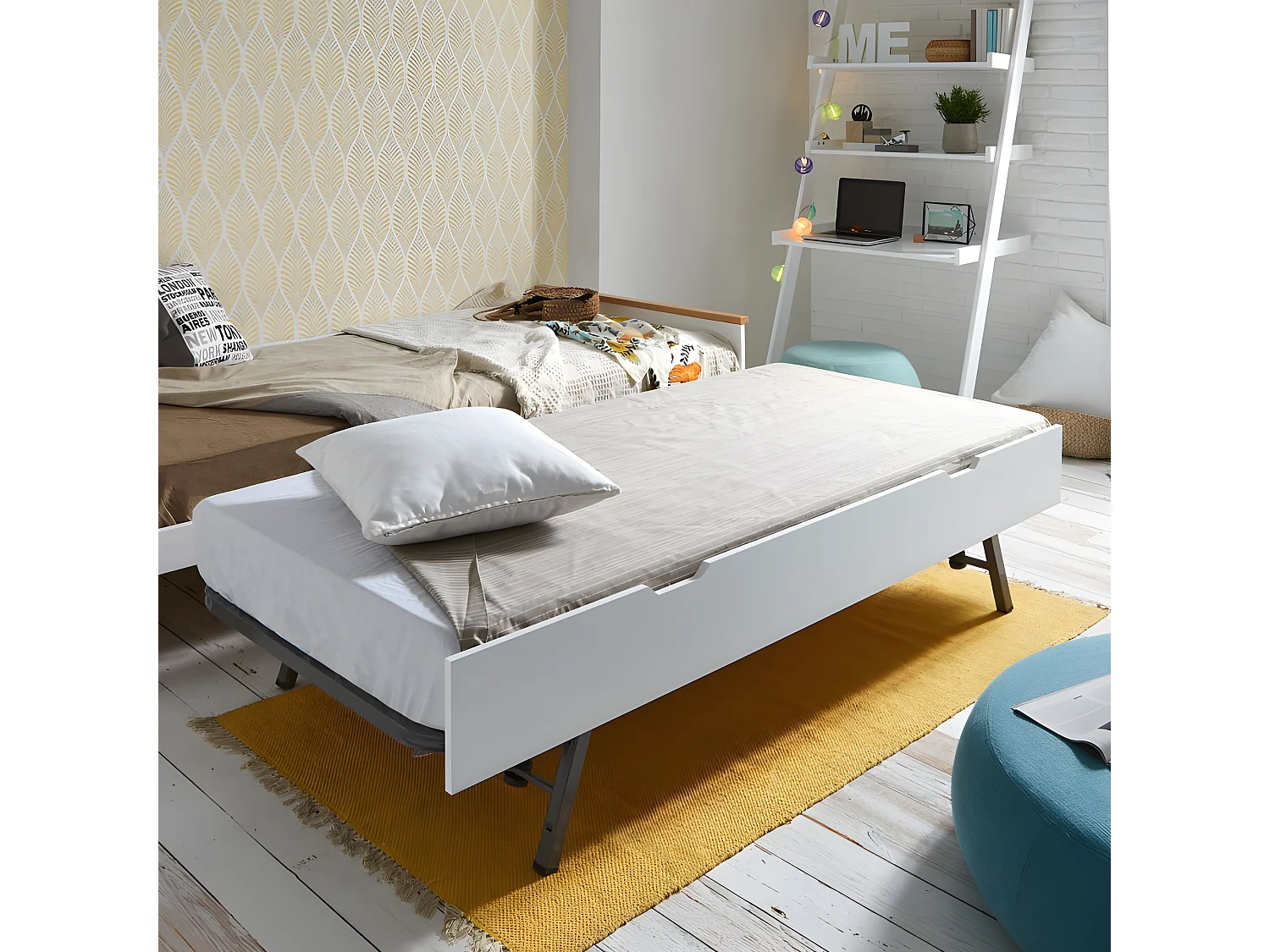 Lit superposé + lit pieds pliants bois blanc 90x190/90x190cm
