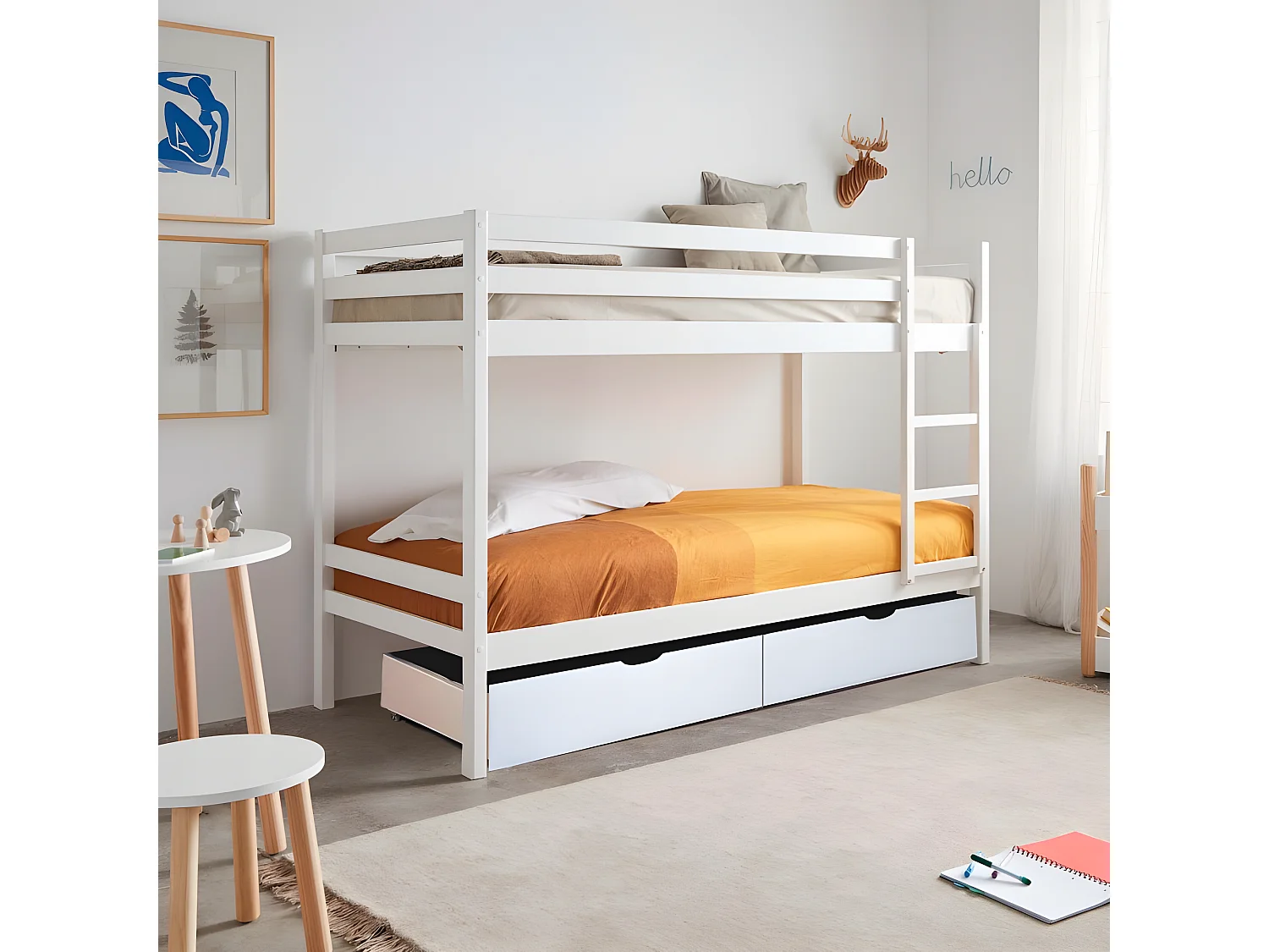 Lit superposé + lit pieds pliants bois blanc 90x190/90x190cm