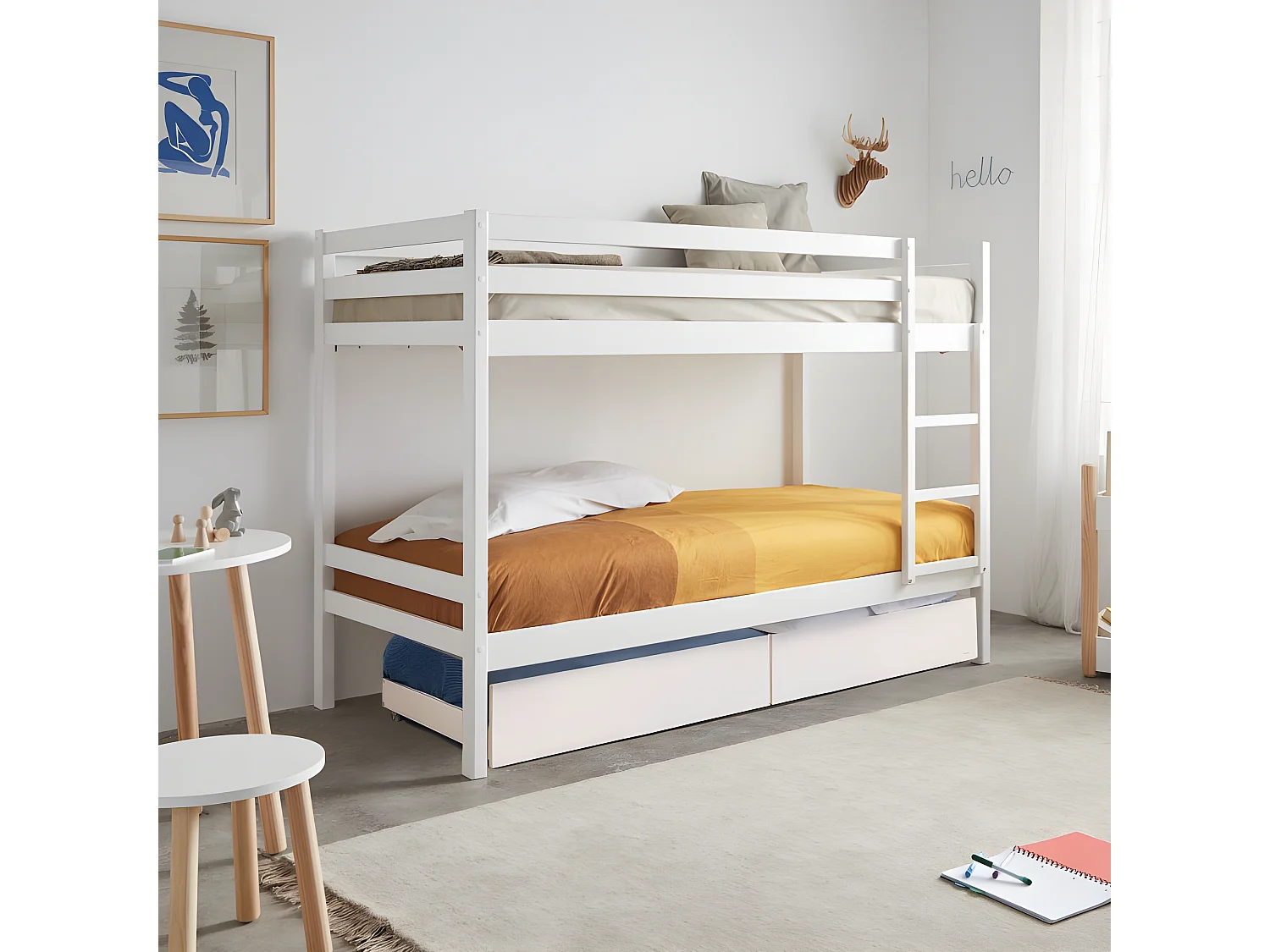 Lit superposé + lit pieds pliants bois blanc 90x190/90x190cm