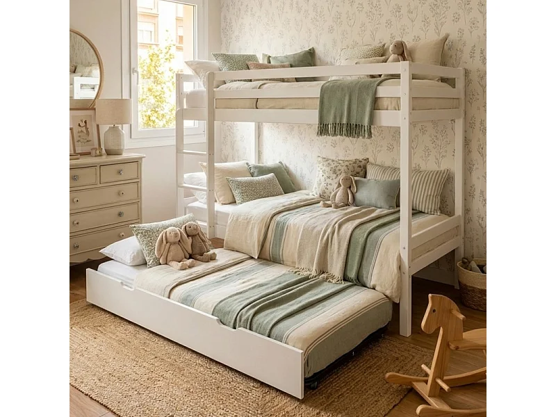 Lit superposé + lit pieds pliants bois blanc 90x190/90x190cm