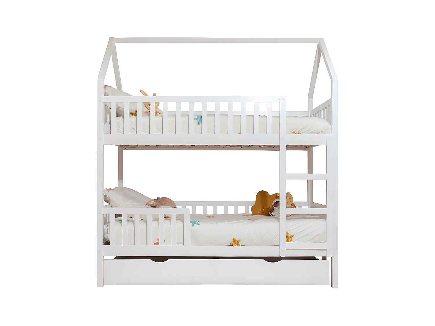 Lit superposé cabane + lit pieds pliants bois blanc 90x190/90x190cm