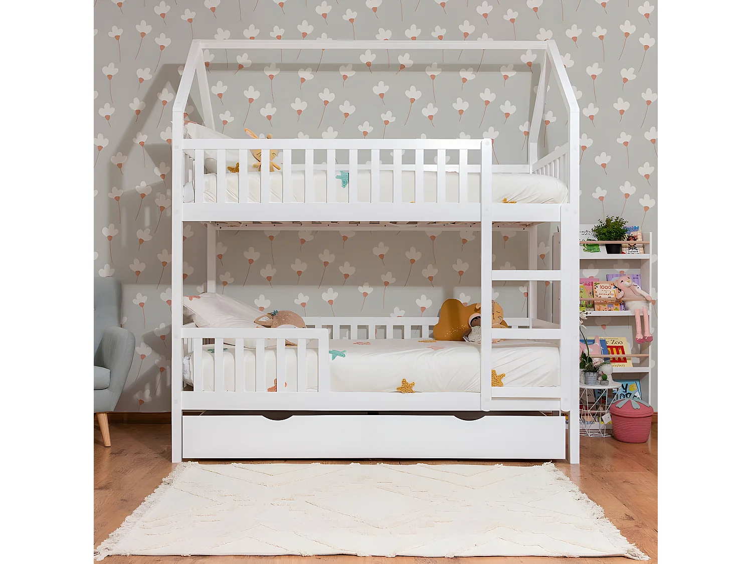 Etagenbett Häuschen + Ausziehbett mit Beine in Holz weiß 90x190/90x190cm