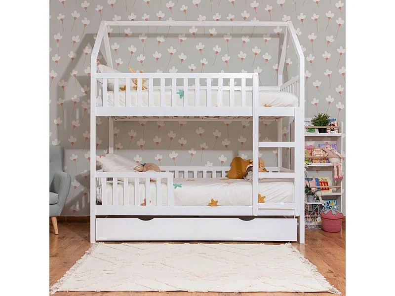Etagenbett Häuschen + Ausziehbett mit Beine in Holz weiß 90x190/90x190cm