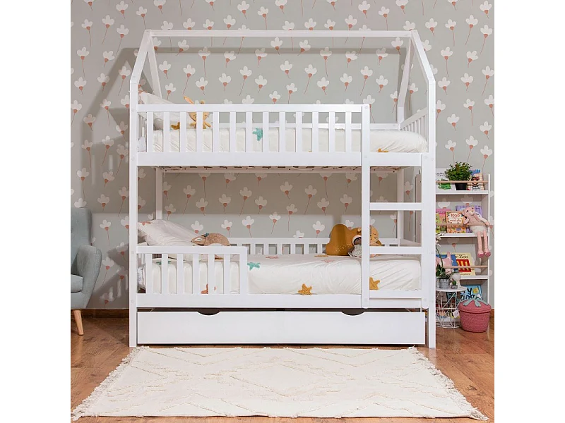 Etagenbett Häuschen + Ausziehbett mit Beine in Holz weiß 90x190/90x190cm