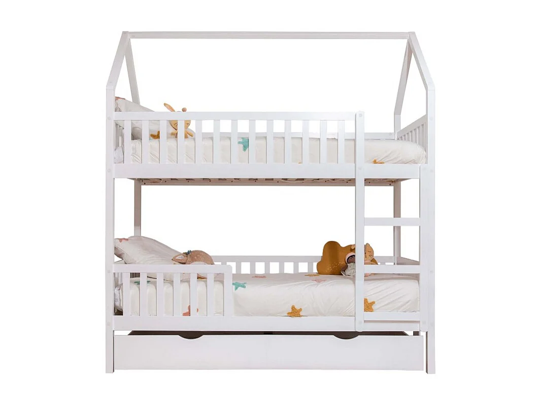 Etagenbett Häuschen + Ausziehbett mit Beine in Holz weiß 90x190/90x190cm