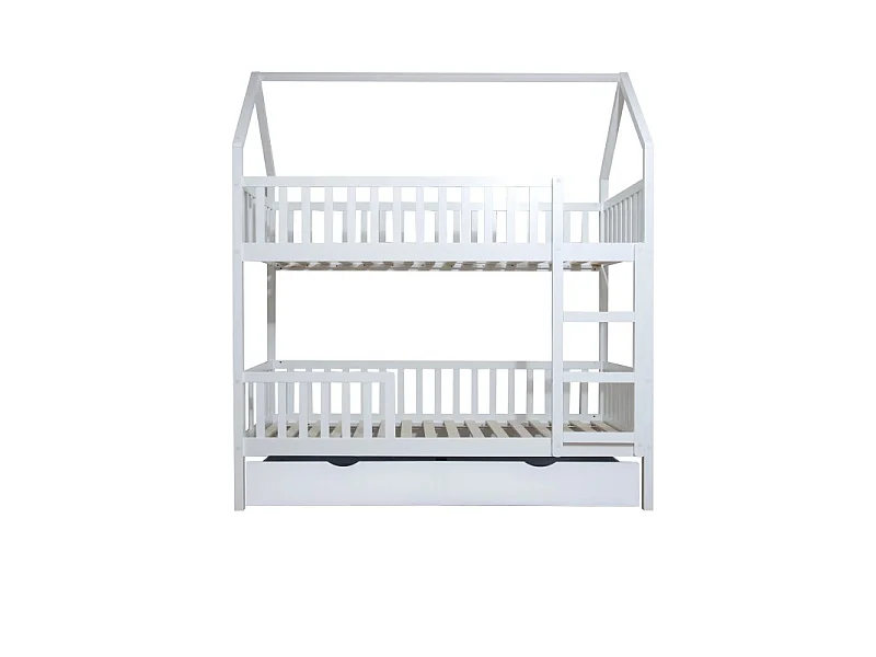 Beliche casinha + cama elevável em madeira branca 90x190/90x190cm