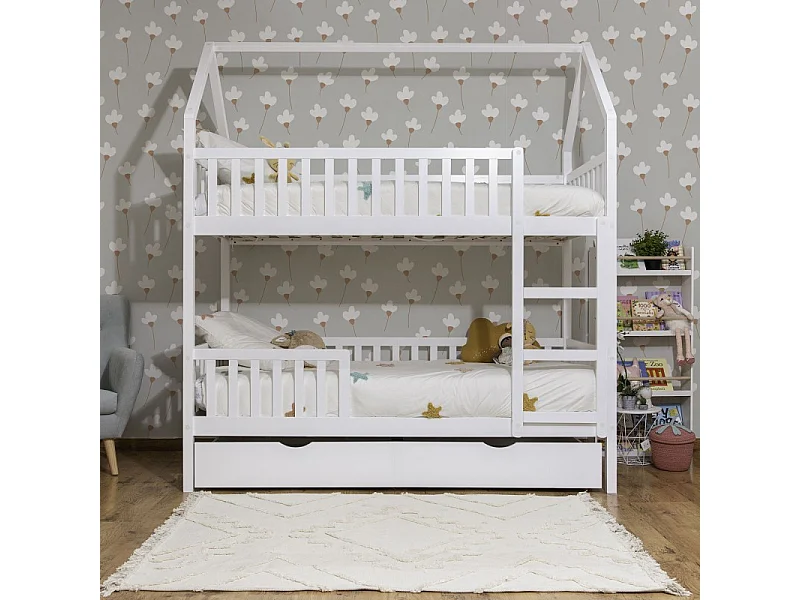 Beliche casinha + cama elevável em madeira branca 90x190/90x190cm