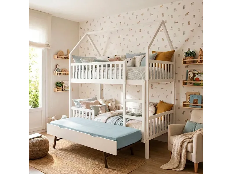 Lit superposé cabane + lit pieds pliants bois blanc 90x190/90x190cm