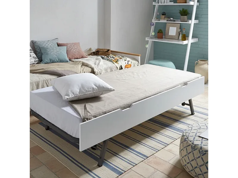 Lit superposé cabane + lit pieds pliants bois blanc 90x190/90x190cm