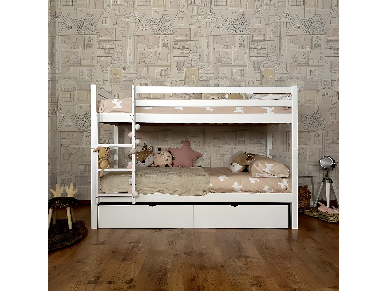 Litera + cama elevable madera blanco 90x195cm