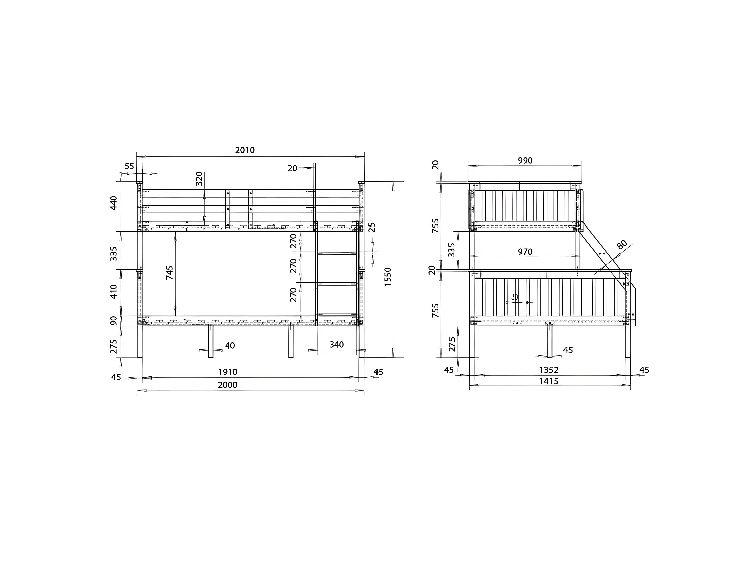 Letto a castello triplo bianco legno 135x190 cm