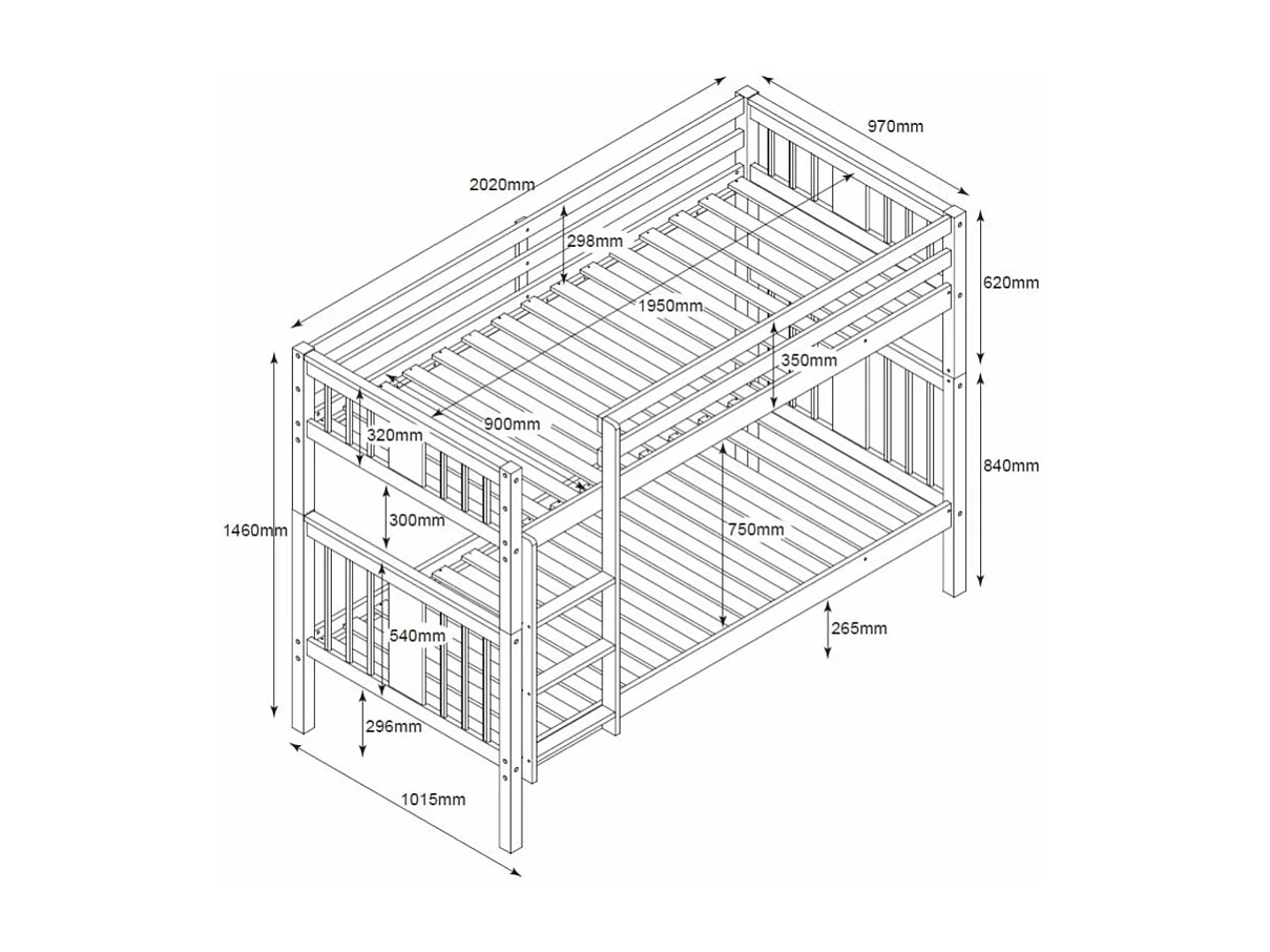 Beliche + cama extraível elevável em madeira branca 90x190cm