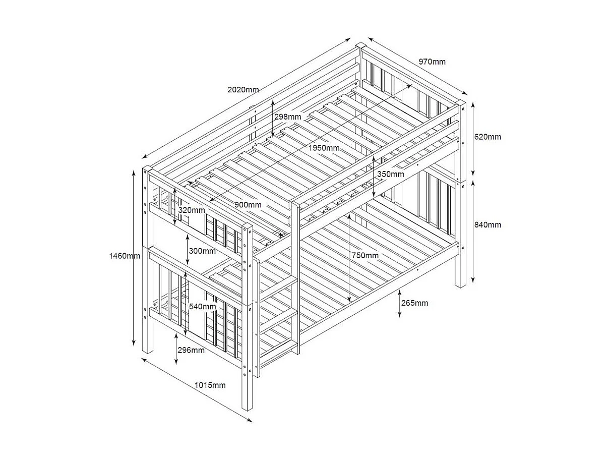 Letto a castello + letto apribile legno bianco 90x190cm