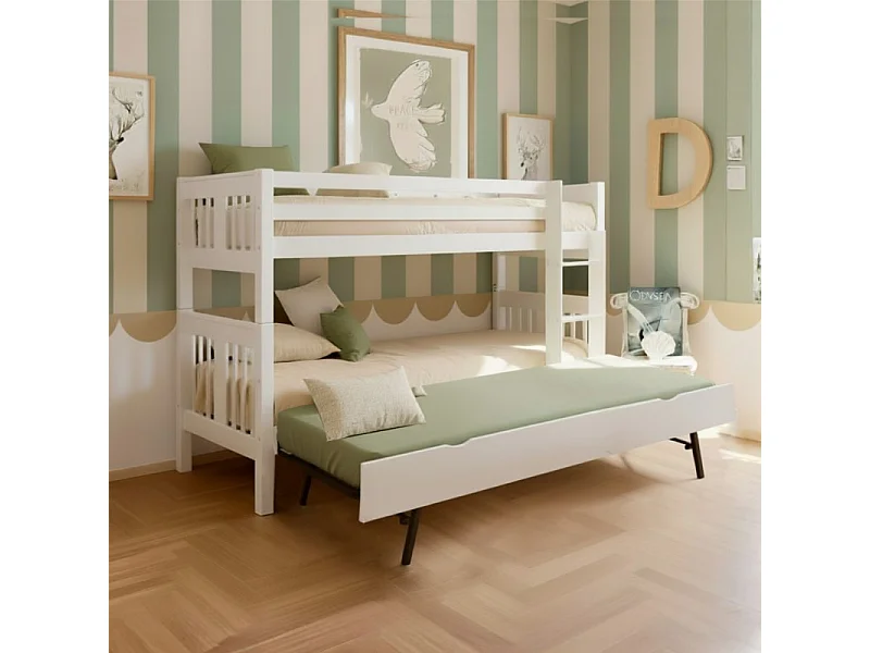 Beliche + cama extraível elevável em madeira branca 90x190cm