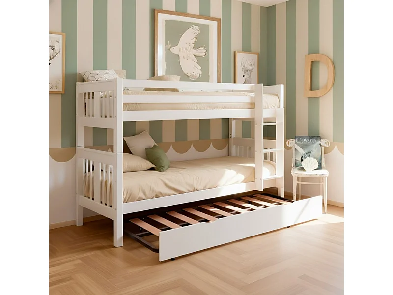 Beliche + cama extraível elevável em madeira branca 90x190cm