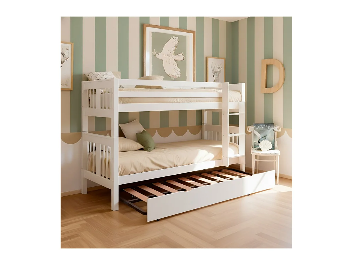 Letto a castello + letto apribile legno bianco 90x190cm