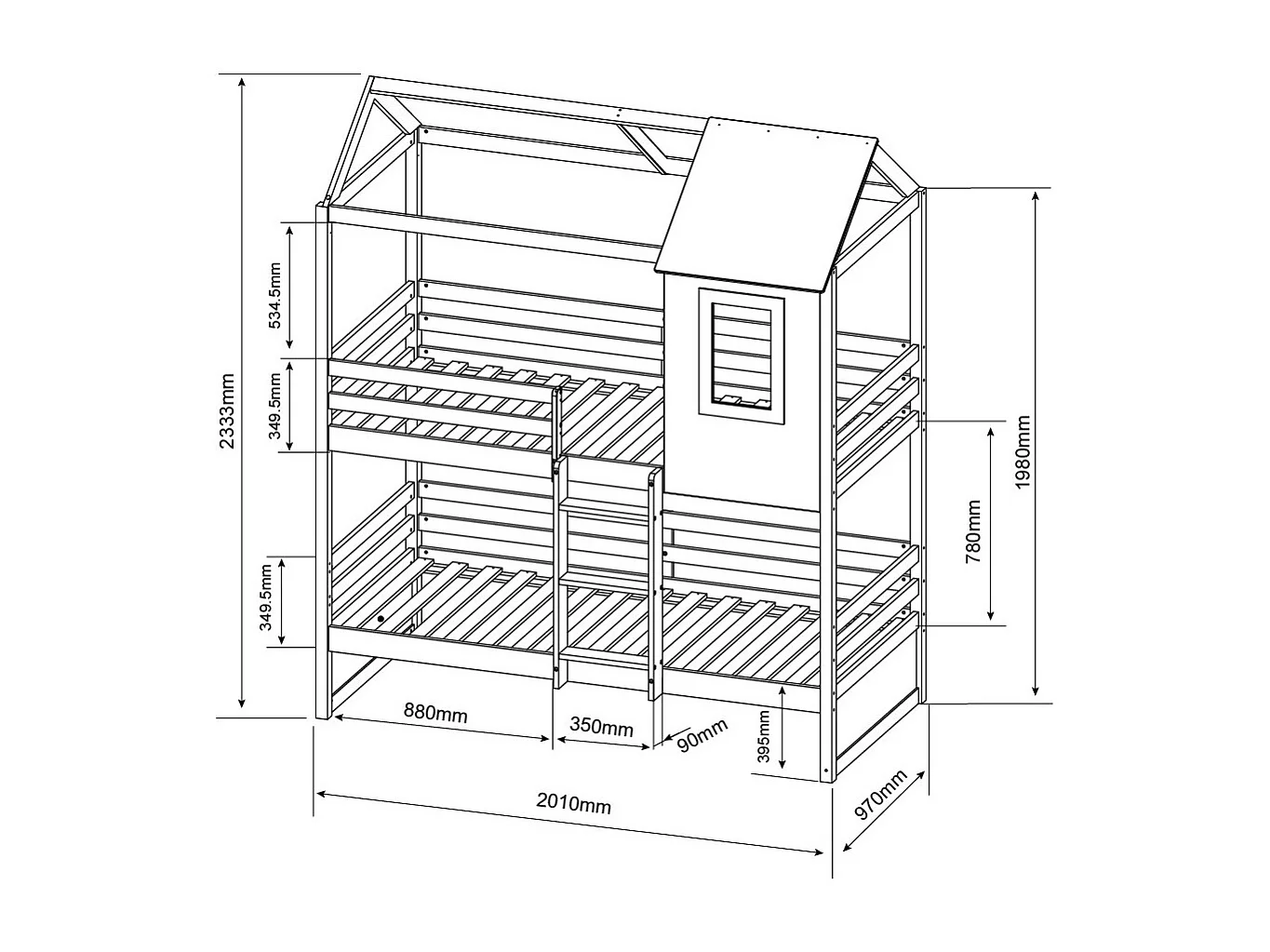 Stapelbed + 2 lades hout wit 90x190/90x190cm