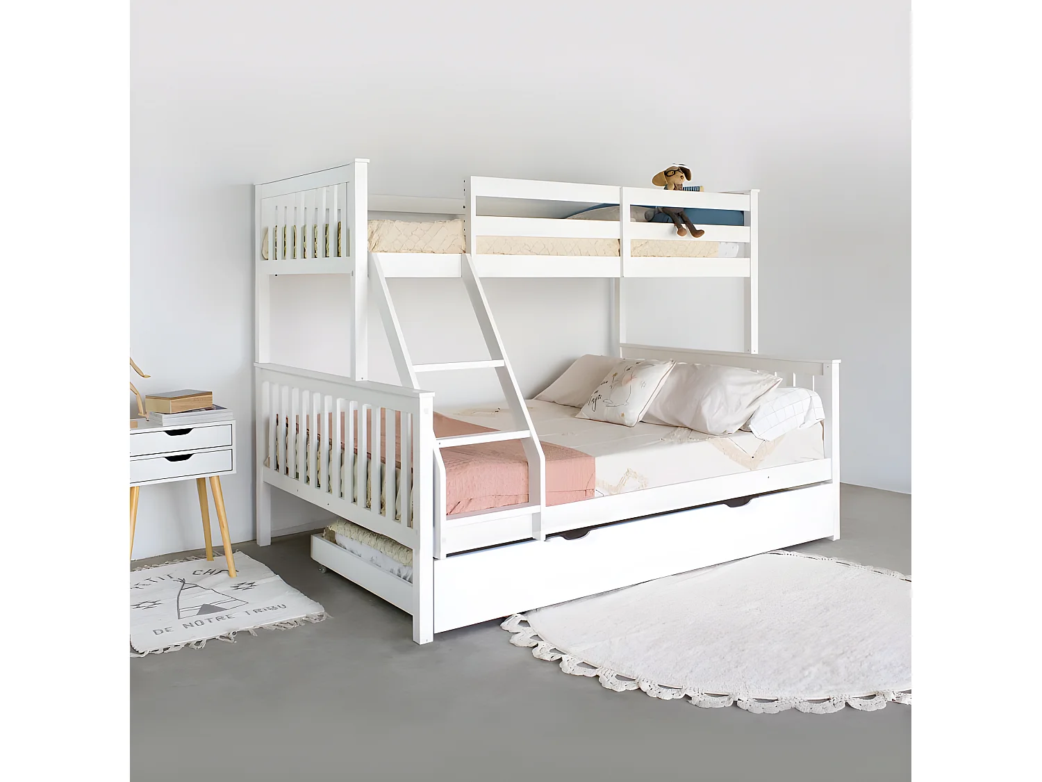 Lit superposé triple + lit tiroir bois blanc 135 cm