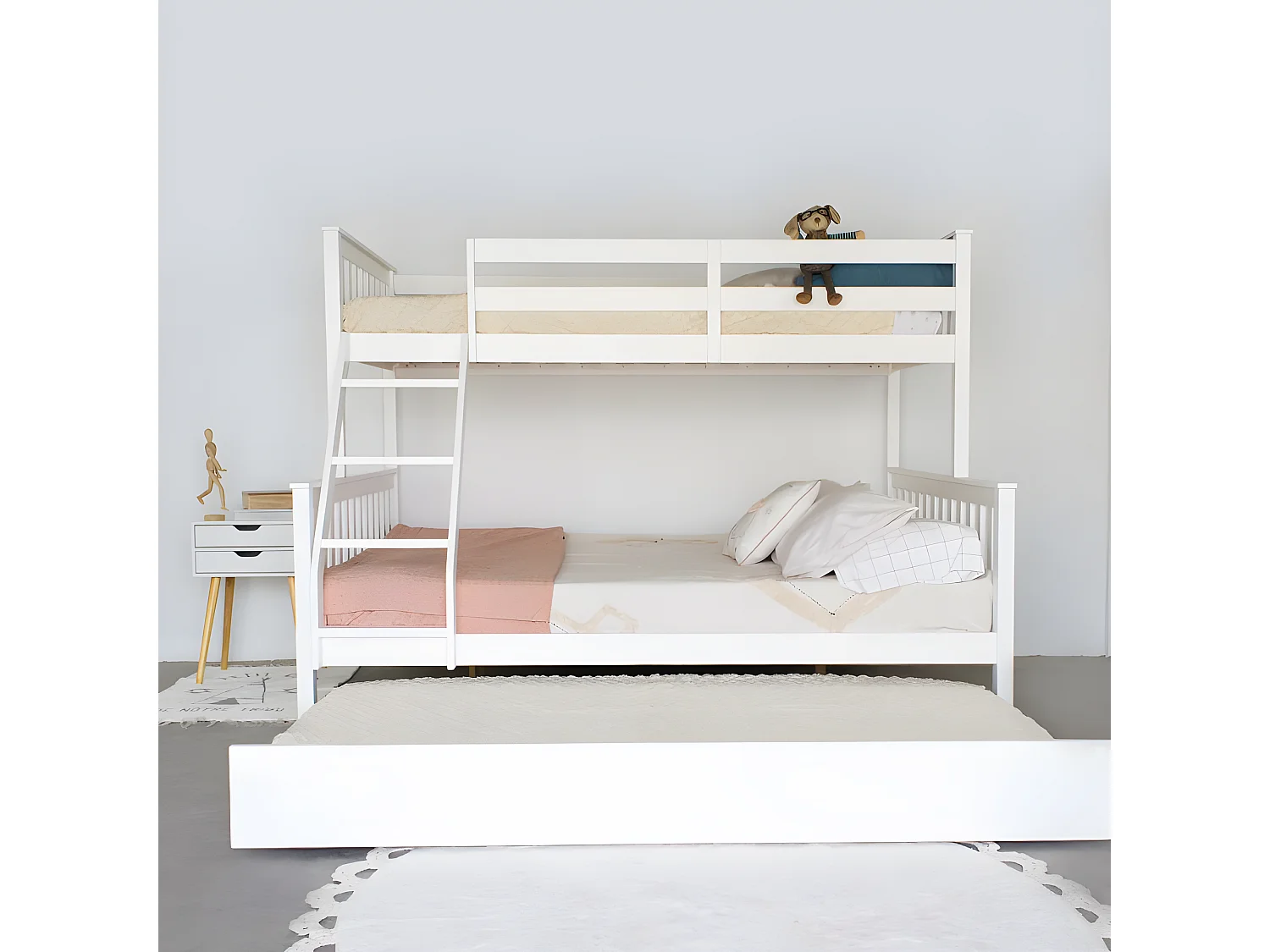 Lit superposé triple + lit tiroir bois blanc 135 cm