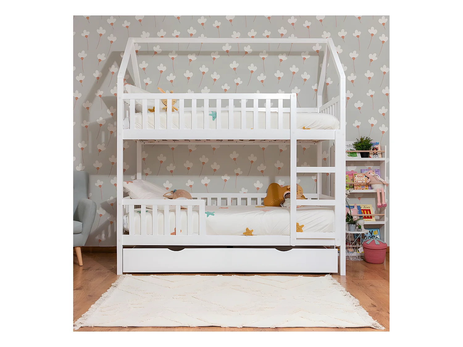 Etagenbett Häuschen Holz weiß 90x190/90x190cm