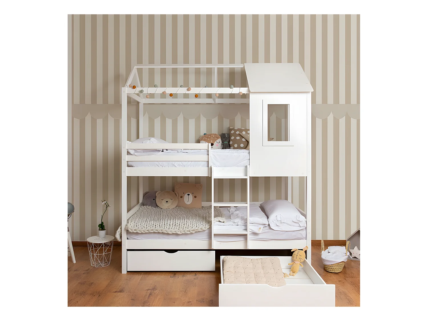 Beliche + cama extraível de madeira branca 90x190/90x190cm