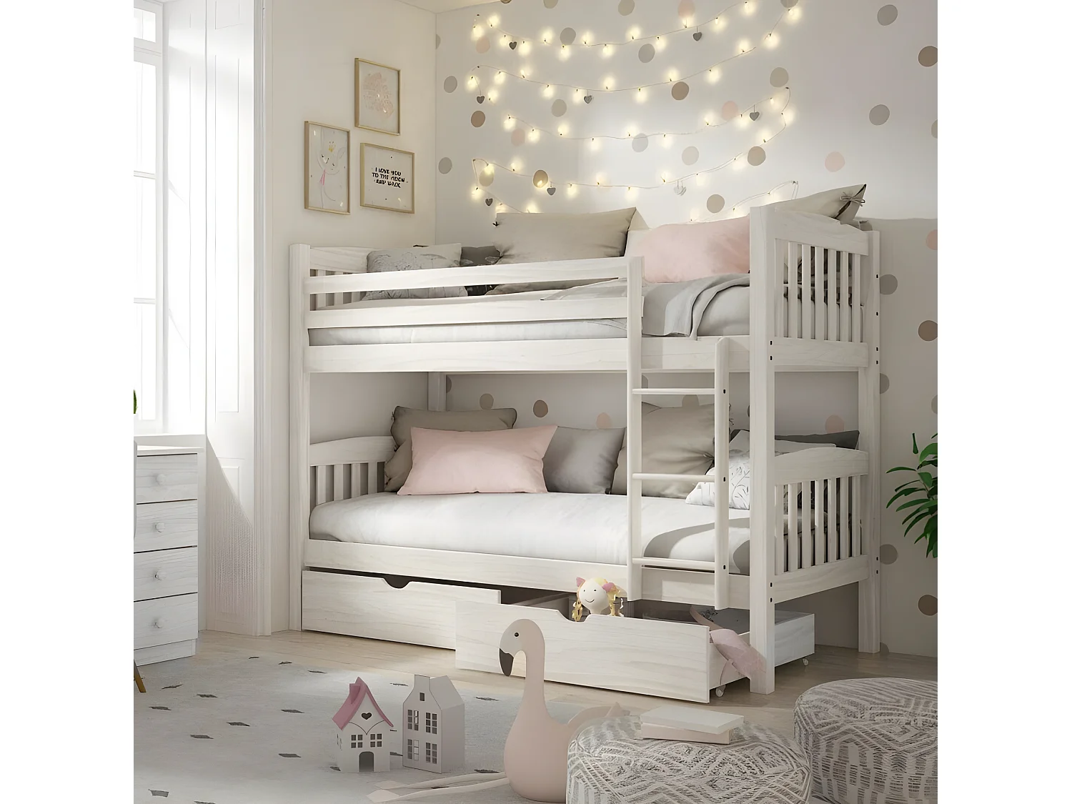 Lit superposé + 2 tiroirs bois blanc décapé 90x190cm