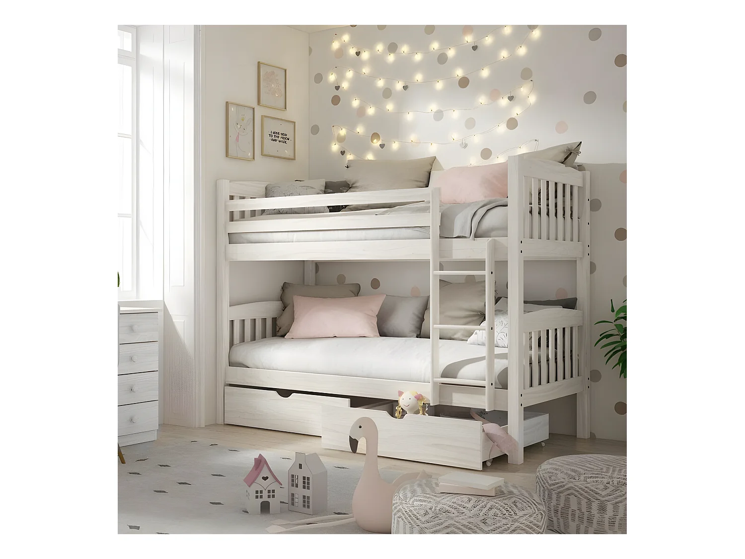 Etagenbett + 2 Schubladen Holz weiß decapé 90x190cm