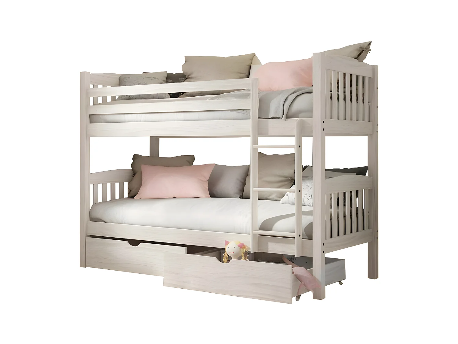 Etagenbett + 2 Schubladen Holz weiß decapé 90x190cm