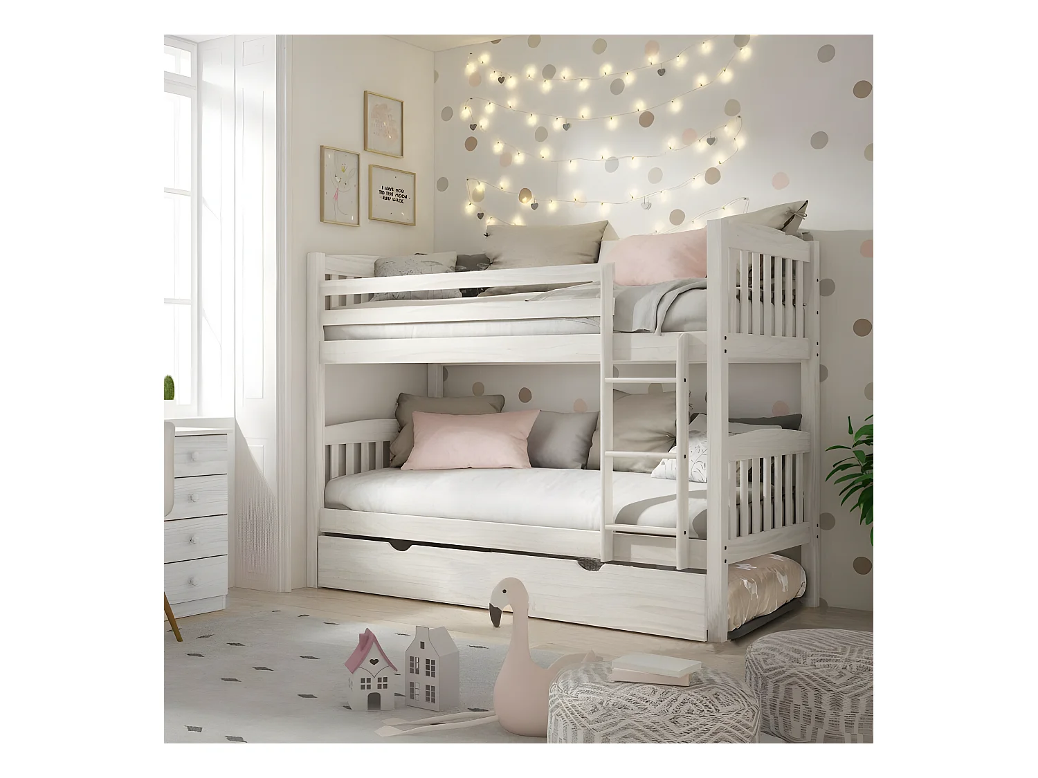 Etagenbett + 2 Schubladen Holz weiß decapé 90x190cm