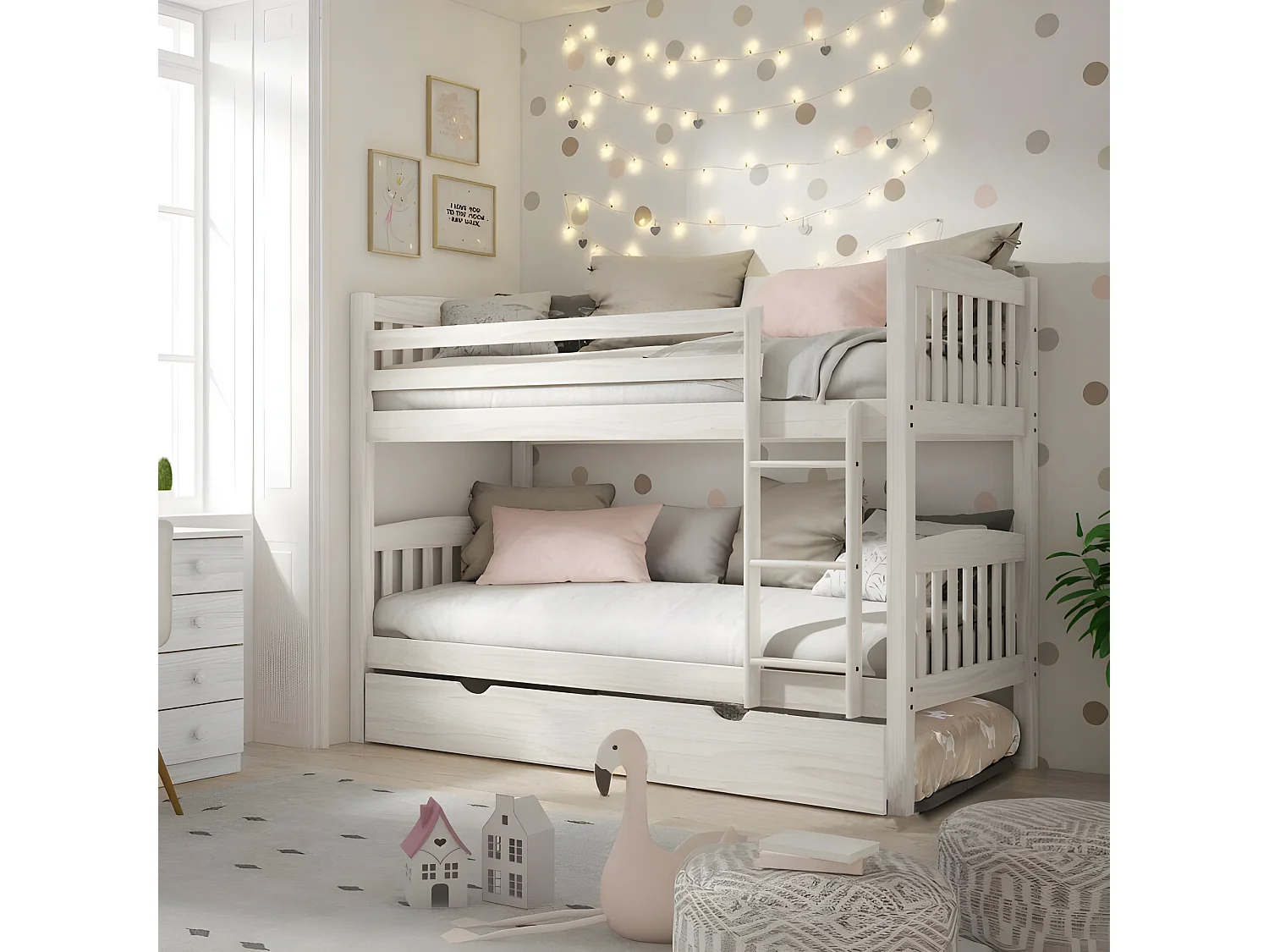 Lit superposé + 2 tiroirs bois blanc décapé 90x190cm