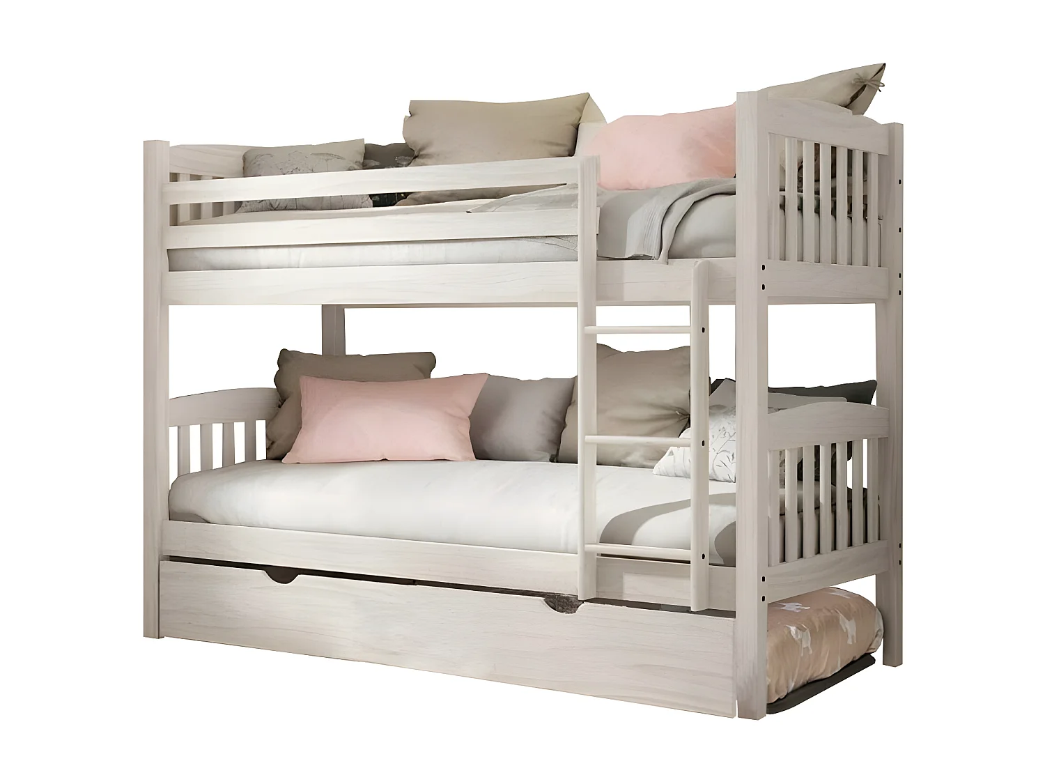 Lit superposé + 2 tiroirs bois blanc décapé 90x190cm