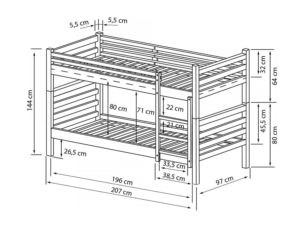Letto a castello + 2 cassetti legno bianco 90x195cm