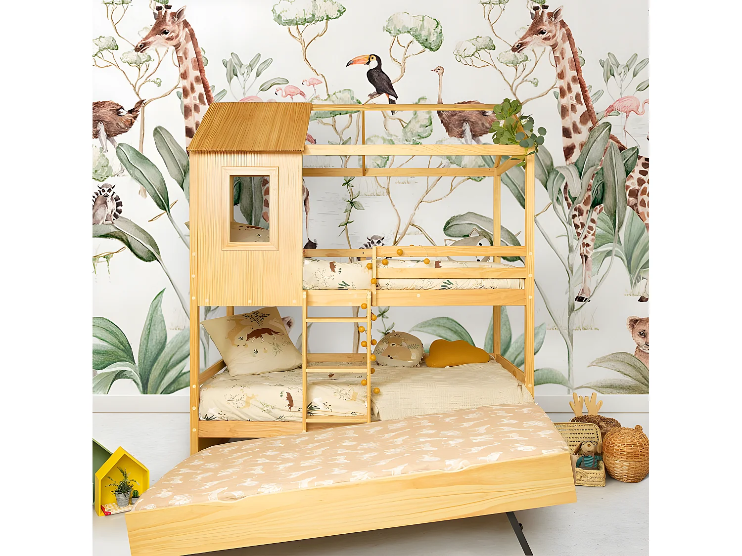 Etagenbett + Bett aus Holz Kieferfarbe 90x190/90x190cm