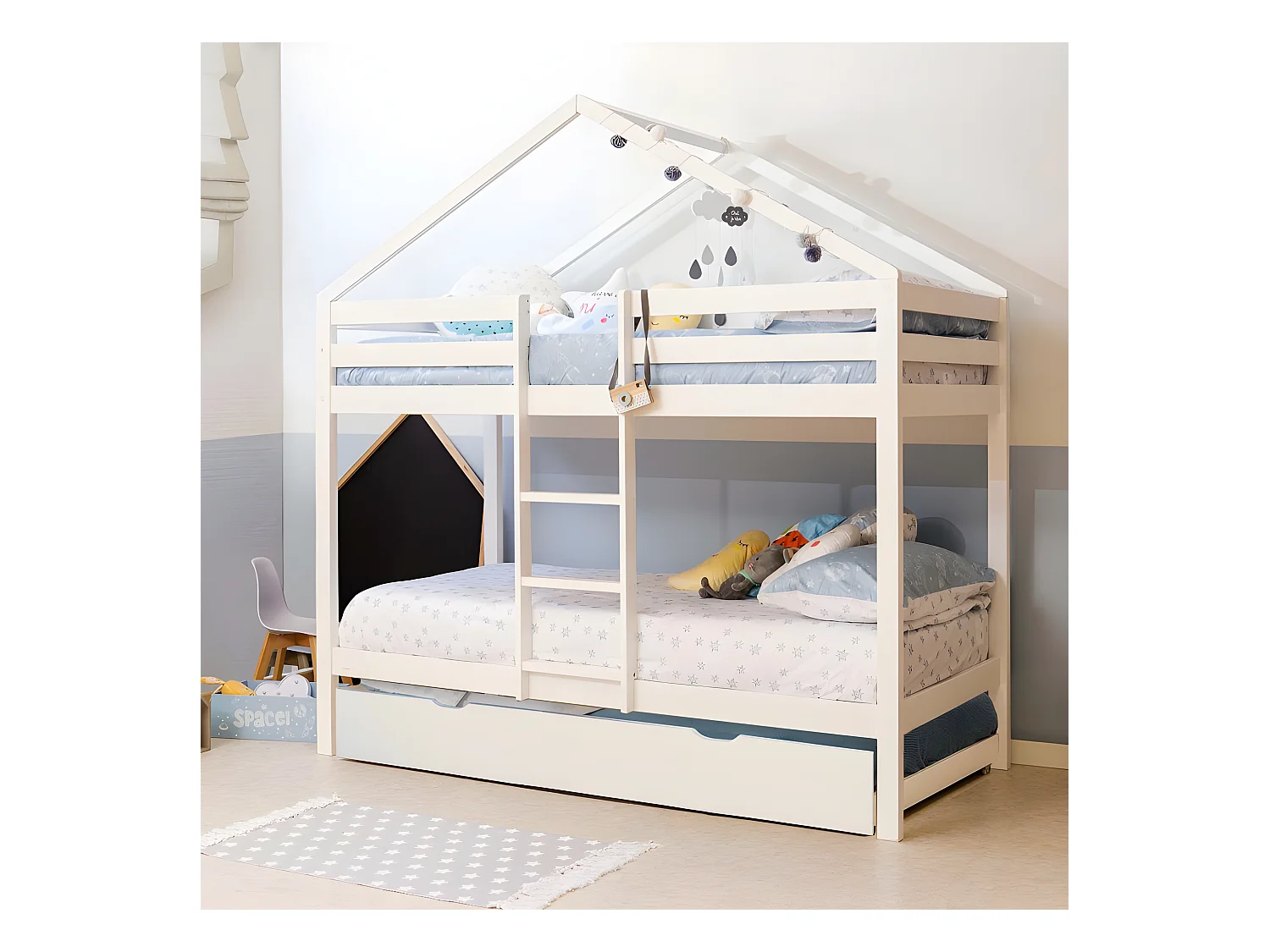 Beliche + cama elevável em madeira branca 90x190/90x190cm