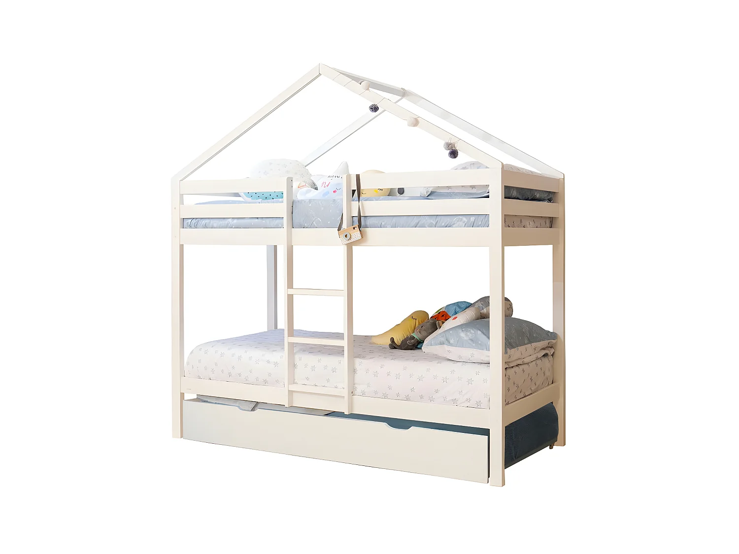 Lit superposé cabane + lit pieds pliants bois blanc 90x190/90x190cm