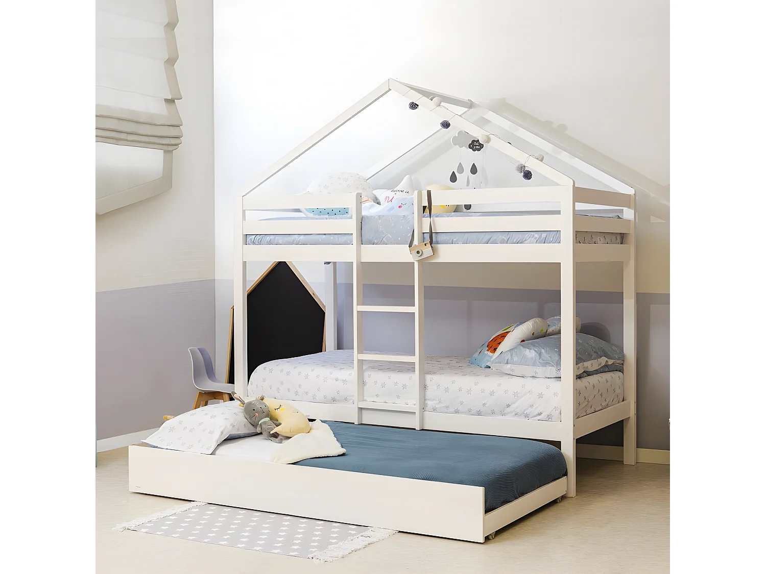 Etagenbett Häuschen + Ausziehbett mit Beine Holz weiß 90x190/90x190cm